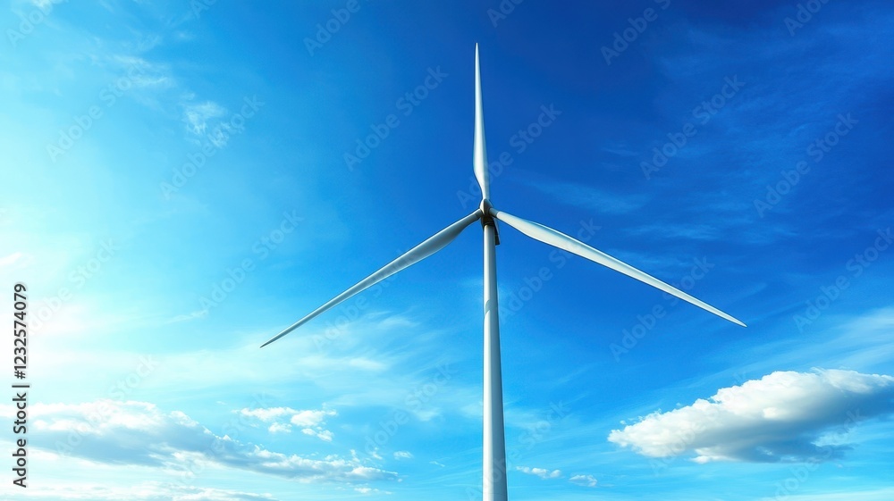 Eco Products and Hydro Energy. Wind turbine against a bright blue sky with fluffy clouds, symbolizing renewable energy. Eco Products and Hydro Energy. Wind turbine against a bright blue sky with fluffy clouds, symbolizing renewable energy.