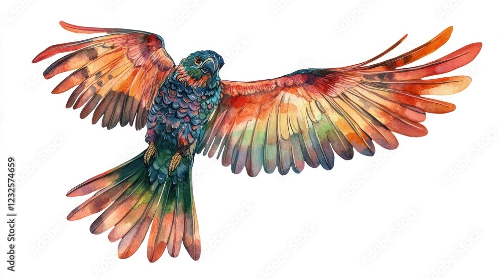 Obraz premium Colorful parrot in flight, isolated on white, nature artwork, design element