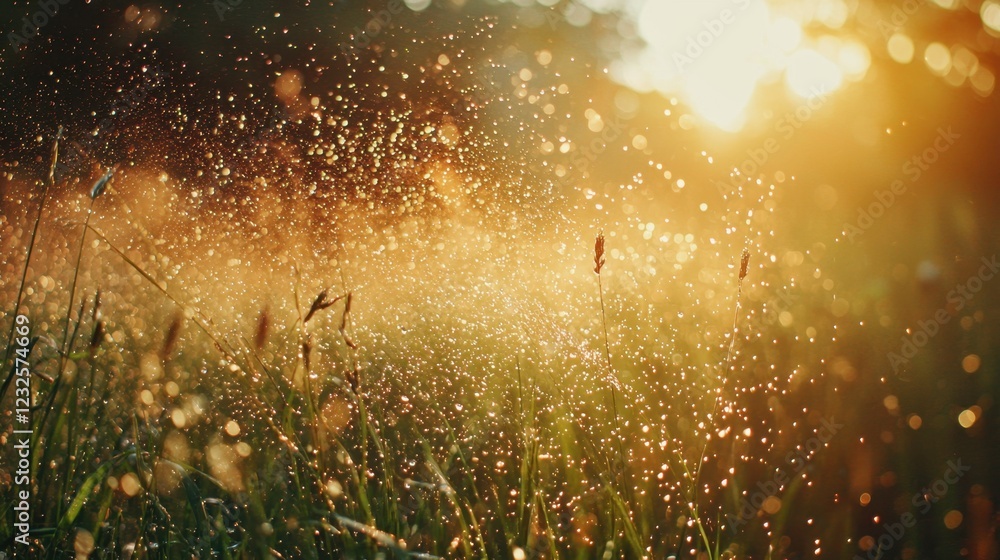 Golden Glow of Sunlight on Dewy Grass with Sparkling Drops of Water Golden Glow of Sunlight on Dewy Grass with Sparkling Drops of Water