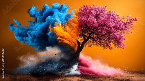 Energetic Tree with Vibrant Paint Splatter photo