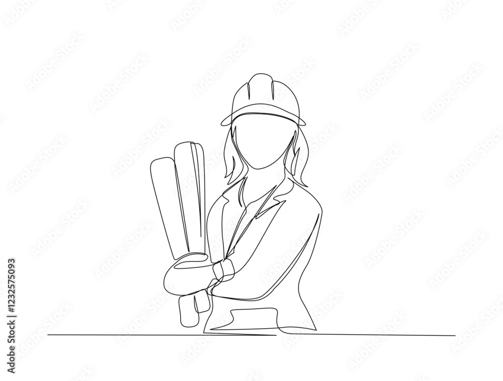 Continuous one line drawing of female architect engineer holding blueprint. Editable stroke. Continuous one line drawing of female architect engineer holding blueprint. Editable stroke.