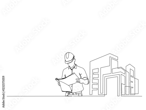 Continuous one line drawing of architect engineer and modern house real estate. Editable stroke.