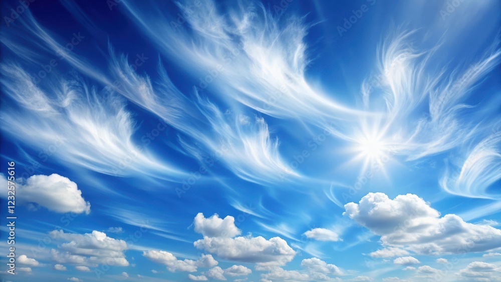 Soft and white fluffy clouds float gently across the blue sky on a sunny day, with a few wispy strands stretching out from the main cloud group, peaceful, blue sky Soft and white fluffy clouds float gently across the blue sky on a sunny day, with a few wispy strands stretching out from the main cloud group, peaceful, blue sky