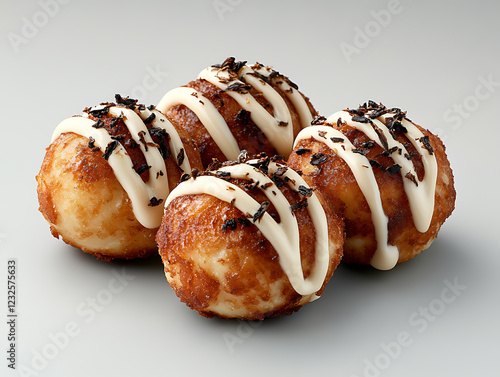Delicious Takoyaki: Four golden-brown takoyaki balls, drizzled with creamy white sauce and sprinkled with dark chocolate shavings, arranged on a neutral background