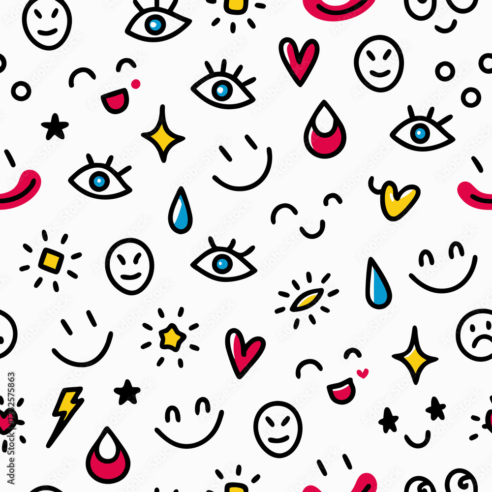 Happy Doodle Pattern, White Background, Colorful, Seamless, Textile Design