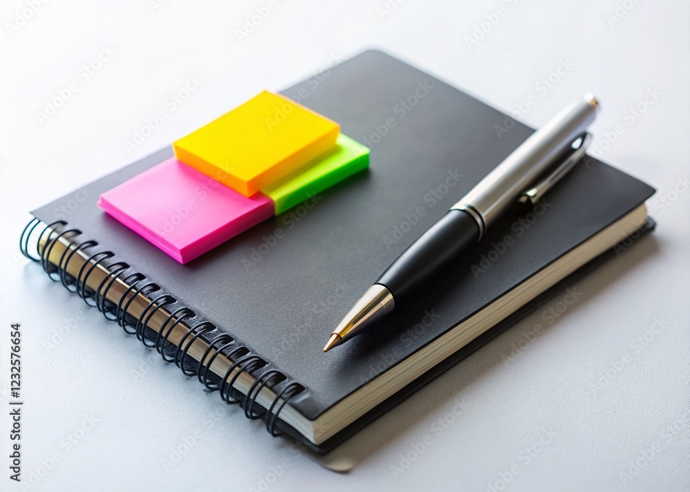 Macro Close-up: Black Notebook, Blank Sticky Note, Pen & Colorful Reminders on White Table Macro Close-up: Black Notebook, Blank Sticky Note, Pen & Colorful Reminders on White Table