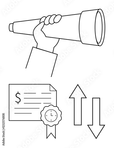 Hand holding a telescope, certificate with monetary value and clock seal, upward and downward arrows. Ideal for financial growth, business strategy, future planning, opportunities, market analysis