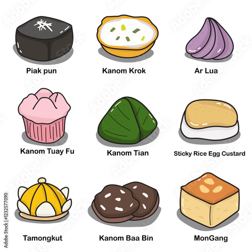 Illustration Collection of hand drawn Thai desserts Isolated background
