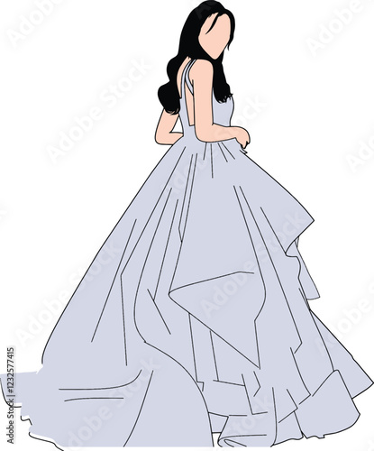 Illustration of a woman wearing a magnificent ball gown with intricate detailing, highlighting elegance and sophistication, perfect for fashion-related concepts or artistic designs.