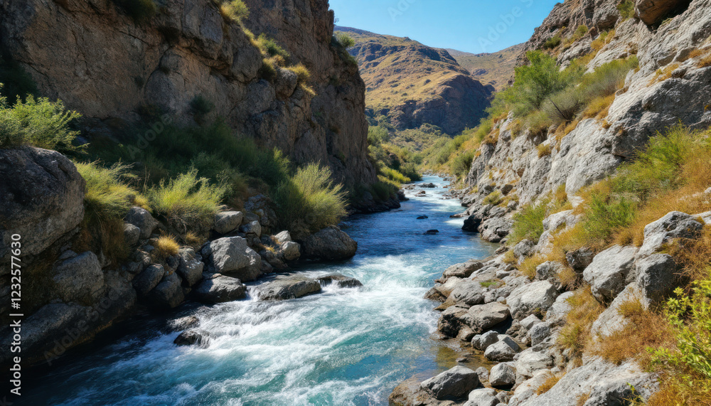 Serene Mountain River Flowing Through Rocky Gorge Serene Mountain River Flowing Through Rocky Gorge