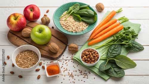 Wallpaper Mural A vibrant assortment of healthy ingredients including apples, carrots, spinach, nuts, seeds, and grains arranged on a white wooden surface for a nutritious meal preparation. Torontodigital.ca