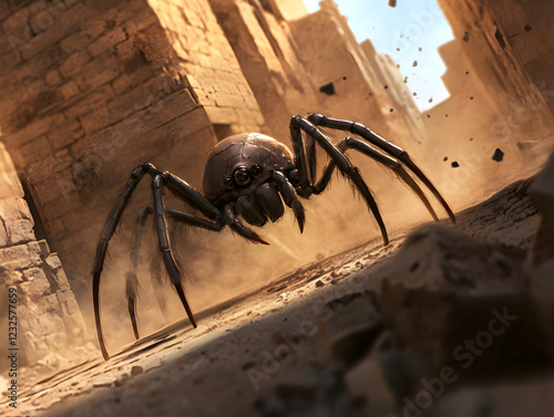 A mechanical, clockwork spider with sharp metallic legs, scuttling through the ruins of an ancient city.


 photo