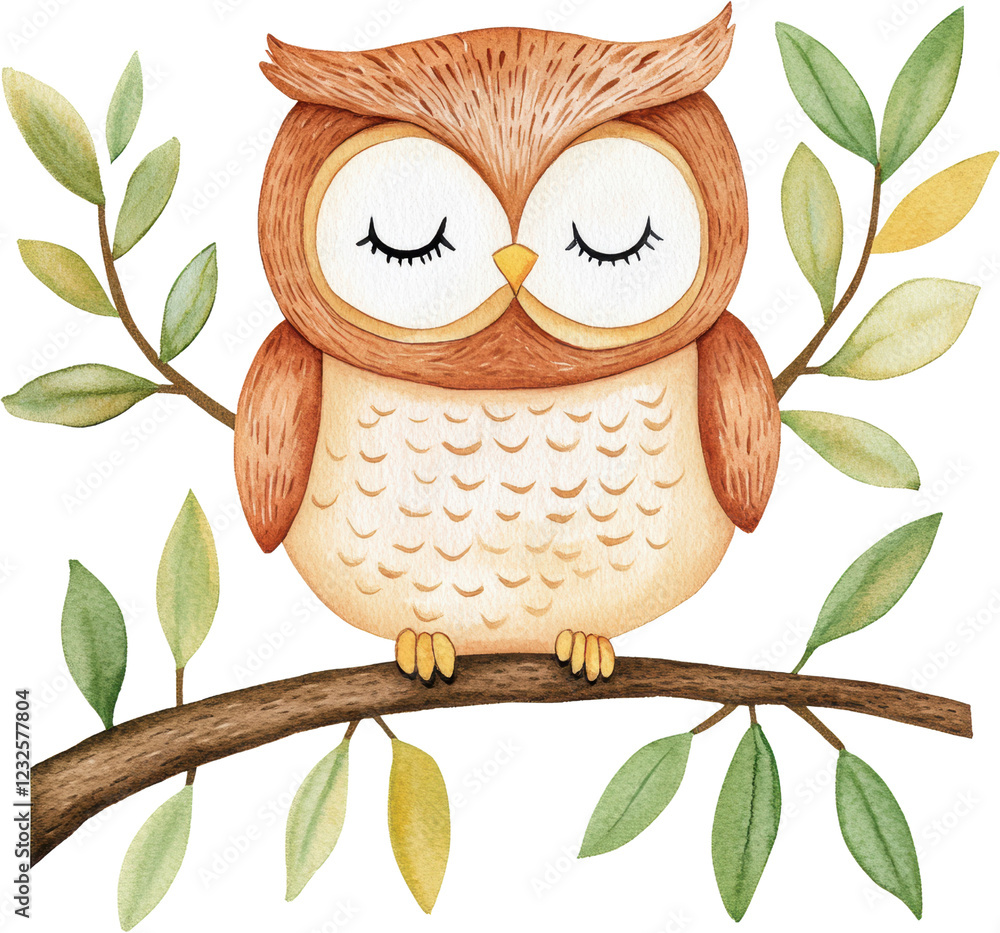 Obraz premium Adorable Watercolor Owl Resting on Branch with Leaves Peaceful Autumn Bird Illustration