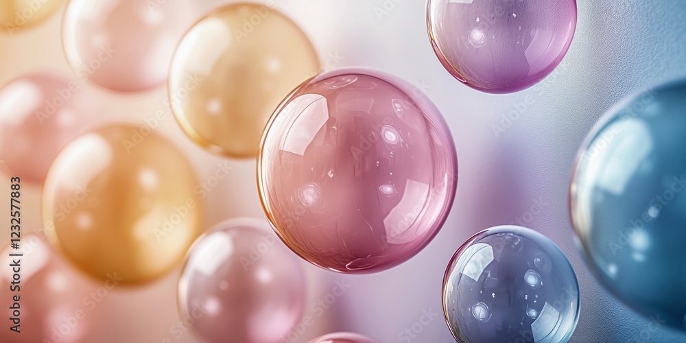 Colorful transparent bubbles reflecting light and creating a playful atmosphere in a creative setting Colorful transparent bubbles reflecting light and creating a playful atmosphere in a creative setting