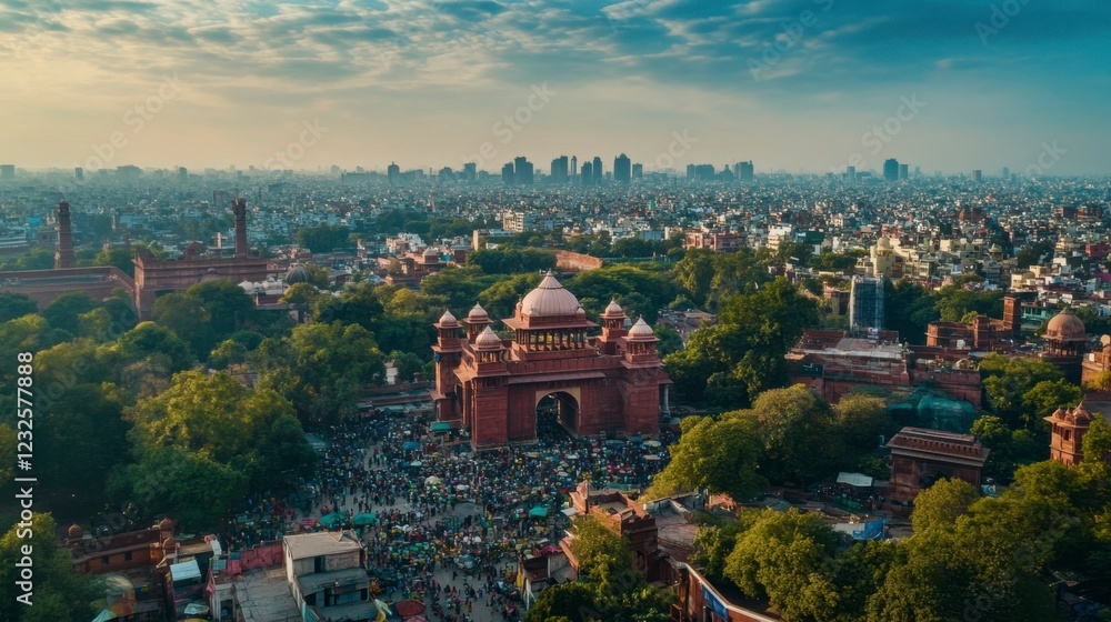 Fototapeta premium Delhi aerial panorama capturing the busy marketplaces and historical landmarks like the Red Fort