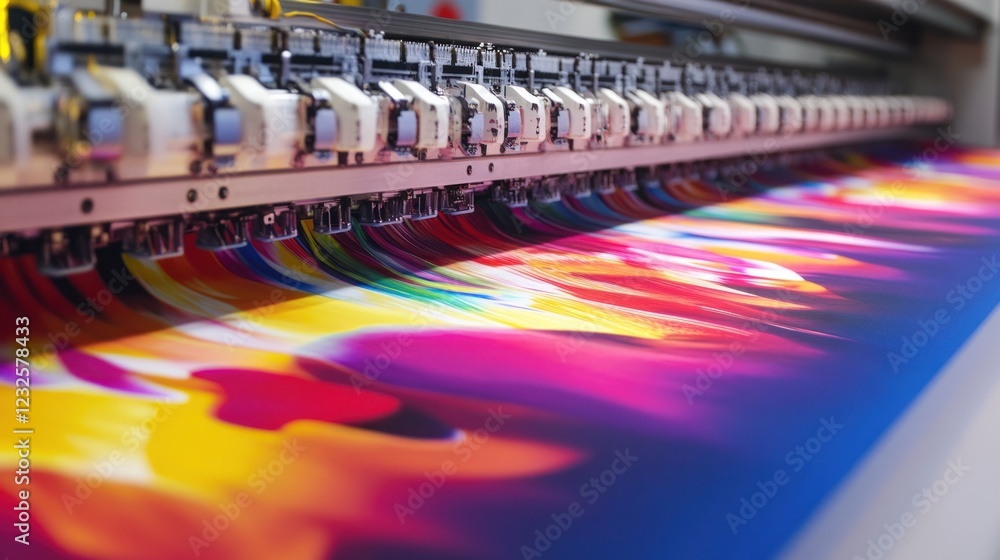 Vibrant Large Format Printing in Action: A Close-Up View of a High-Resolution Textile Printing Process Vibrant Large Format Printing in Action: A Close-Up View of a High-Resolution Textile Printing Process