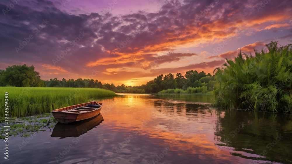 Peaceful Sunset on a Serene River with a Rowboat, ai generated Peaceful Sunset on a Serene River with a Rowboat, ai generated