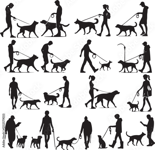Silhouette of Person Walking a Dog - Vector Illustration Set | Pet Walking Clipart