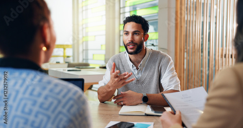 Businessman, intern and meeting with interview for hiring, recruitment or job opportunity at office. Man, employee or candidate with recruiting team, CV or resume for career, proposal or application