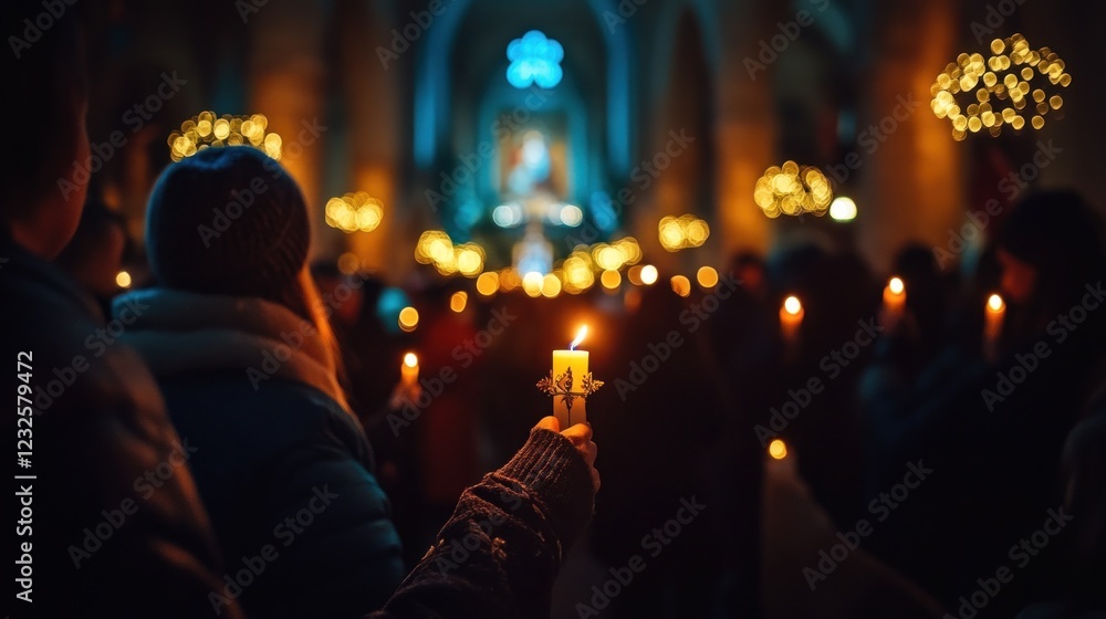 Fototapeta premium A Candlelit Church Service: Peace and Hope