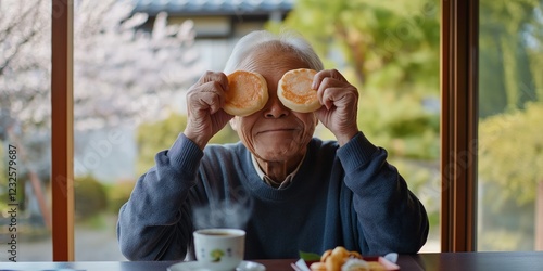 An elderly Japanese man with a kind smile and silver hair, holding two traditional dorayaki pancakes over his eyes in a playful manner photo