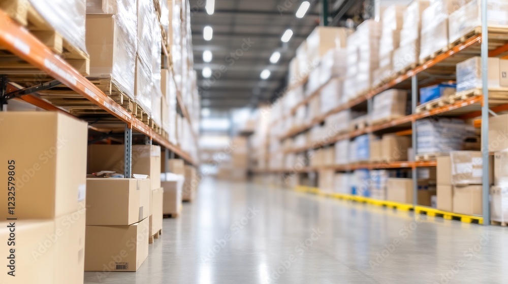 Warehouse inventory management, aisles of boxes Warehouse inventory management, aisles of boxes