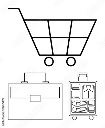 Shopping cart, professional briefcase, and organized suitcase outline emphasizing work, commerce, and travel. Ideal for retail, business travel, e-commerce, packing professional organization