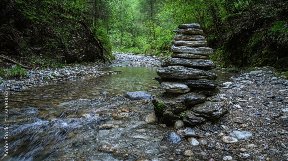 Tranquil Stone Stack by Serene Stream in Lush Green Forest Tranquil Stone Stack by Serene Stream in Lush Green Forest