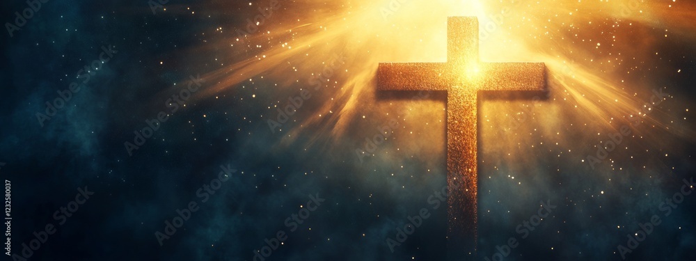 A golden cross in a starry night sky with a light behind, resurrection concept A golden cross in a starry night sky with a light behind, resurrection concept