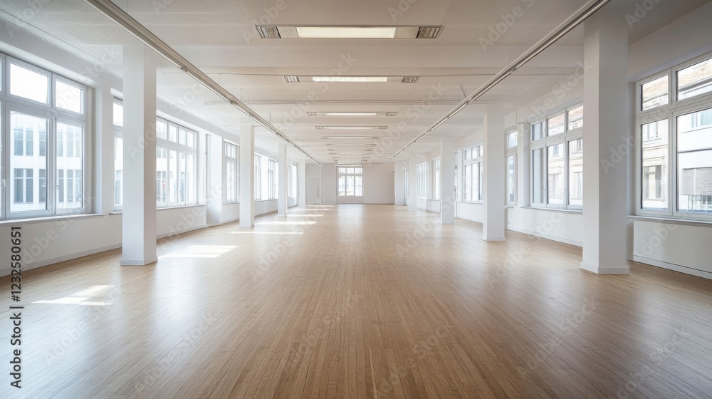 Bright and Spacious Empty Commercial Room with Sunlight Streaming Through Large Windows Bright and Spacious Empty Commercial Room with Sunlight Streaming Through Large Windows