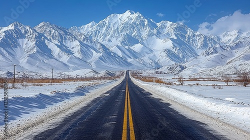 Snowy mountain road, winter landscape, scenic drive, travel destination photo