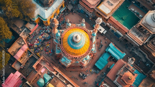 Delhi aerial photo highlighting the vibrant colors of street markets and historical architecture photo