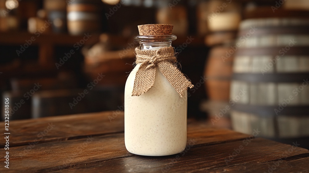 Image of a bottle with burlap ribbon and cork sitting on top of a wooden table.