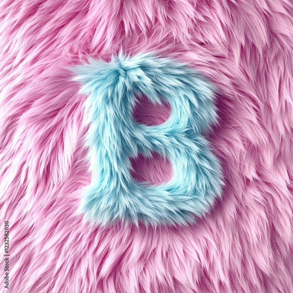 Obraz premium Fluffy Light Blue Letter B on Pink Fur Background Cute Alphabet Design