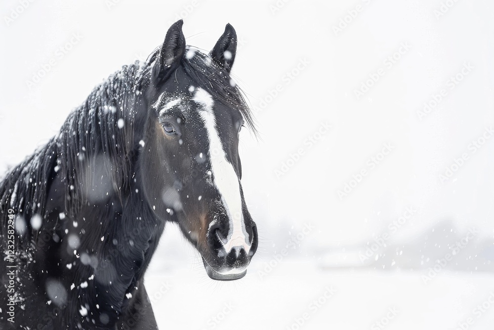 Fototapeta premium Black horse in a snowy landscape gazes calmly during a winter snowfall. Copy space