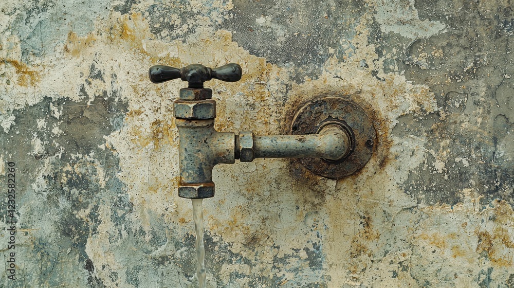 Rusty Faucet on Weathered Wall with Peeling Paint and Texture Rusty Faucet on Weathered Wall with Peeling Paint and Texture