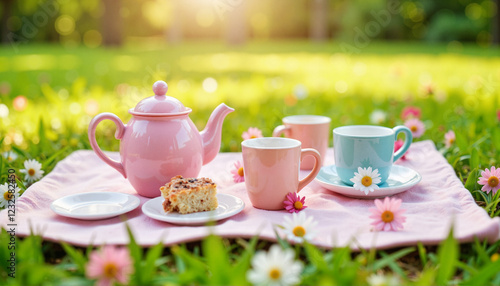 Whimsical toy tea party setup on green grass, cheerful celebration