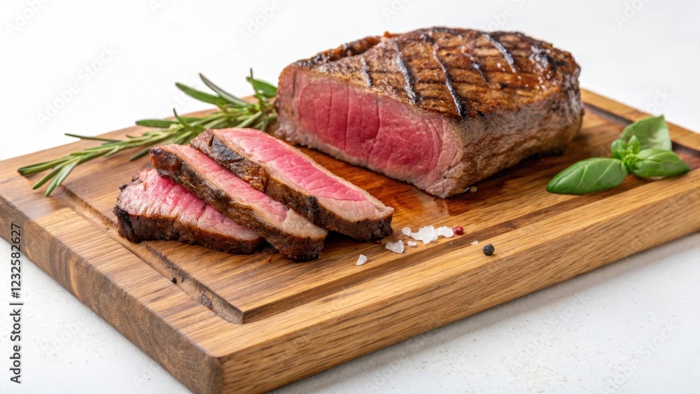 Grilled Steak Slices on Wooden Cutting Board with Herbs and Spices Grilled Steak Slices on Wooden Cutting Board with Herbs and Spices
