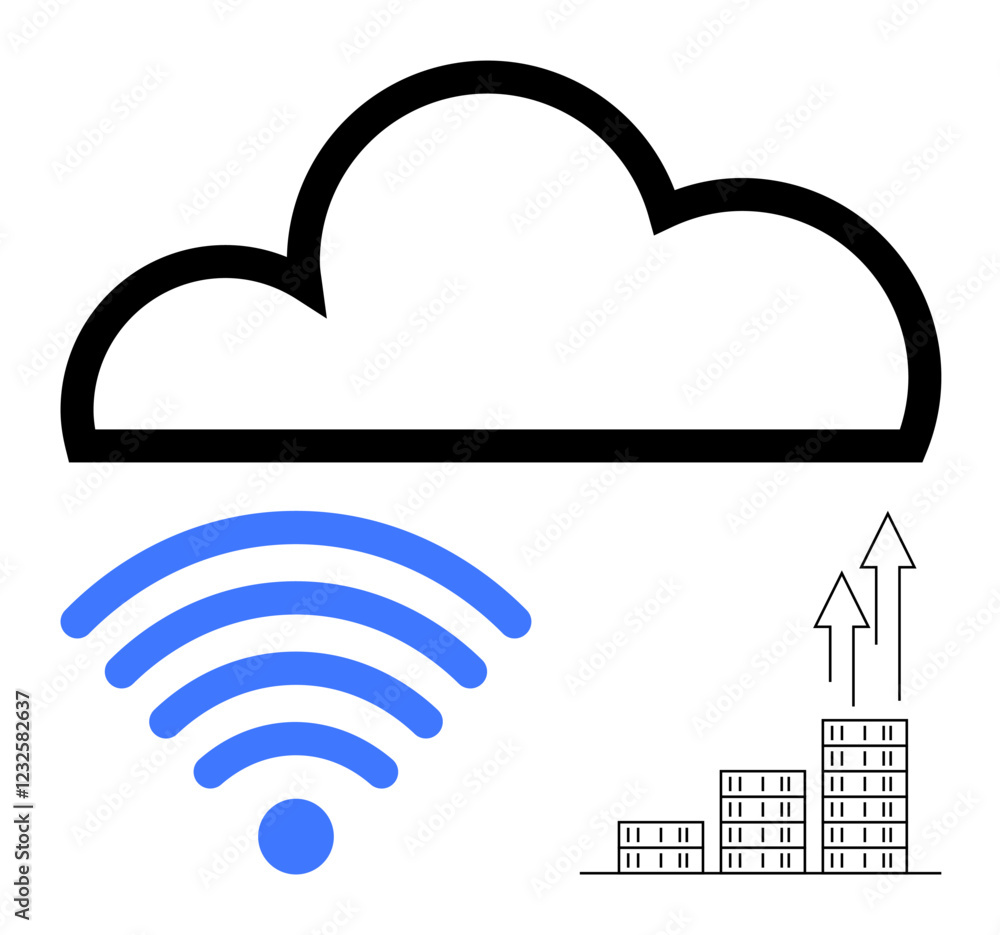 Cloud icon, blue wireless signal, and upward graph with high-rise buildings symbolizing technology, connectivity, innovation, data sharing, business growth. Ideal for tech, IT cloud services