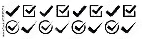 Doodle hand drawn chalk check mark and cross icon set. Dirty grunge hand drawn tick and x. Brush strokes cross X and tick OK check marks _ stock vector.