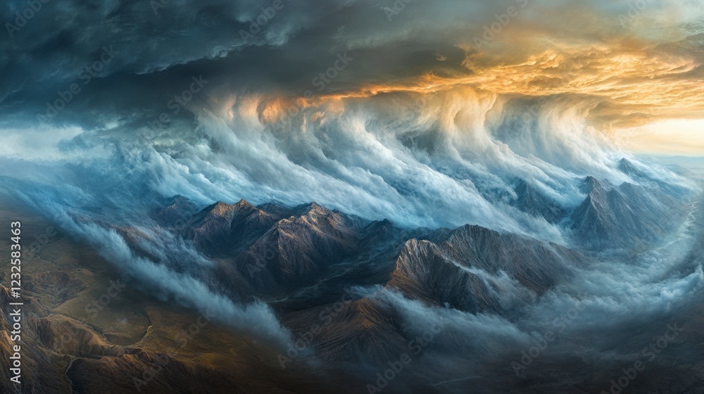 Fototapeta premium Dramatic aerial capture of thick clouds rolling over a mountain range