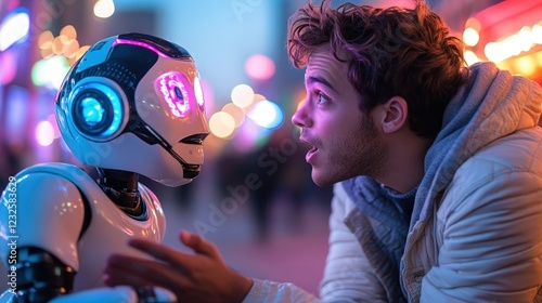 A young man immersed in interaction with a robot, embodying the exciting potential of technology and artificial intelligence in shaping human experiences and relationships.