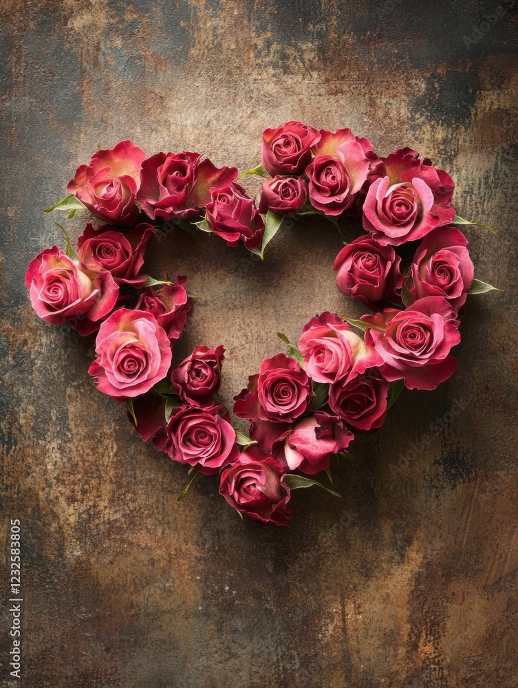 Roses arranged in heart shape on rustic background; romantic, love, Valentine's Day, greeting card Roses arranged in heart shape on rustic background; romantic, love, Valentine's Day, greeting card