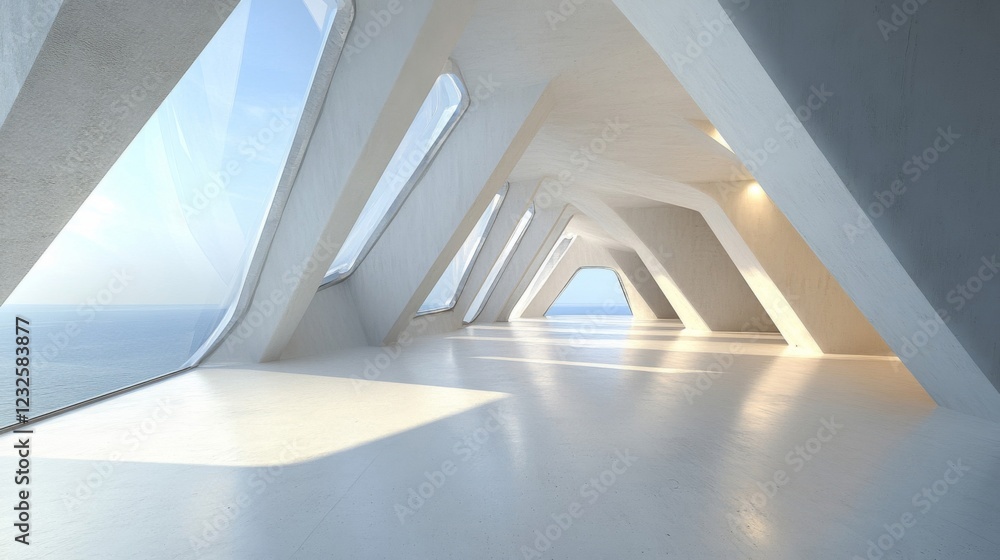 Obraz premium Modern architectural interior with ocean view