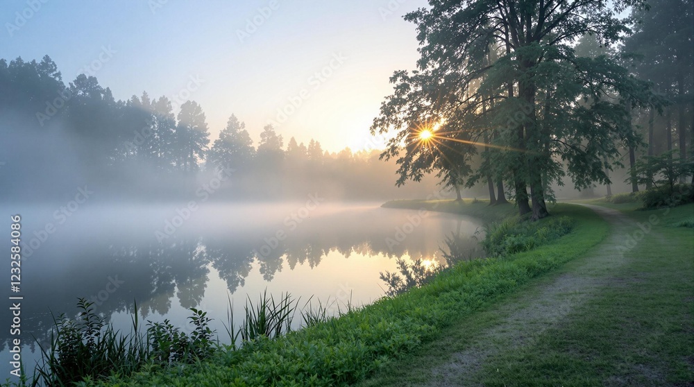 fog-covered lake at dawn with trees and soft morning light in a peaceful forest