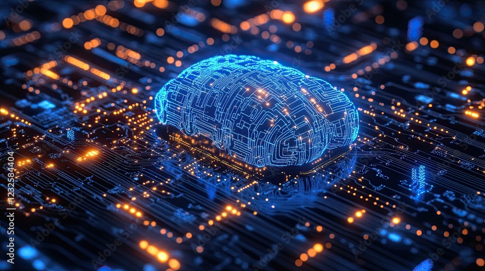 Futuristic AI Circuit Chip Glowing in Blue with a Background of Digital Networks and Data Streams -- Futuristic AI Circuit Chip Glowing in Blue with a Background of Digital Networks and Data Streams --