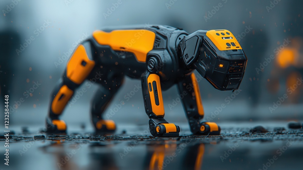 Pet AI brings technology and automation to animal care. Robot dog in a futuristic urban setting, rain-soaked surroundings. Pet AI brings technology and automation to animal care. Robot dog in a futuristic urban setting, rain-soaked surroundings.
