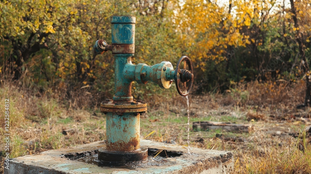 Rusty Water Pump Surrounded by Autumn Foliage in Open Field Rusty Water Pump Surrounded by Autumn Foliage in Open Field