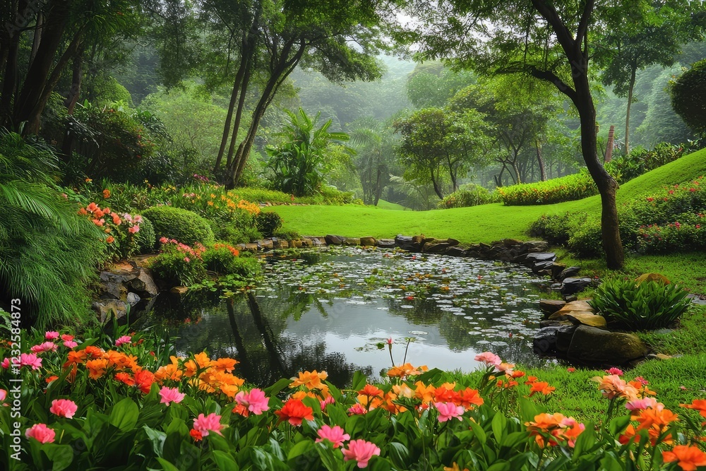 A tranquil garden with a small pond, surrounded by lush greenery and blooming flowers, creating a peaceful and serene environment A tranquil garden with a small pond, surrounded by lush greenery and blooming flowers, creating a peaceful and serene environment