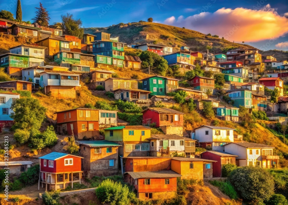 Obraz premium Panoramic Chilean landscape photography captures Tome's hillside; rural housing exposes stark poverty in Biobío's beauty.